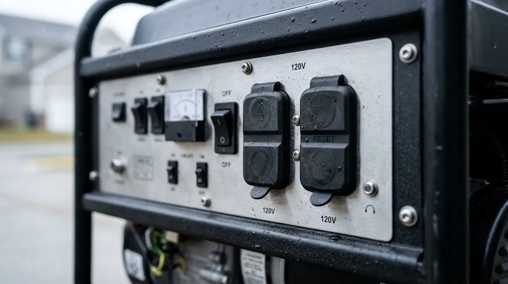 Close-up view of a generator control panel highlighting protection against moisture and dust.