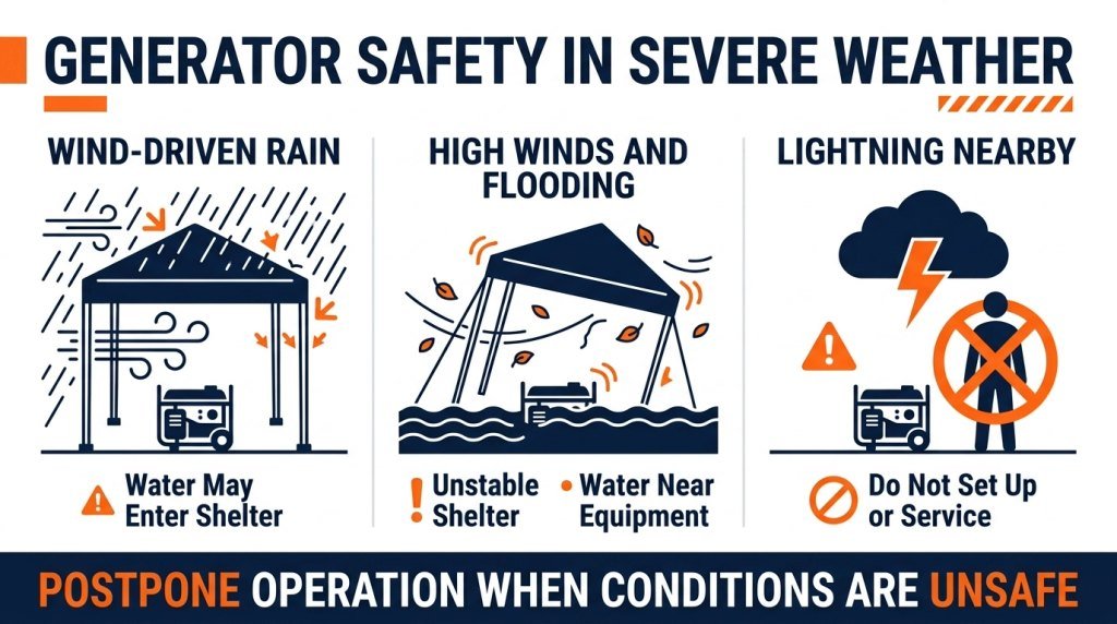 Generator storm safety infographic showing wind-driven rain, flooding, unstable shelters, and lightning hazards.