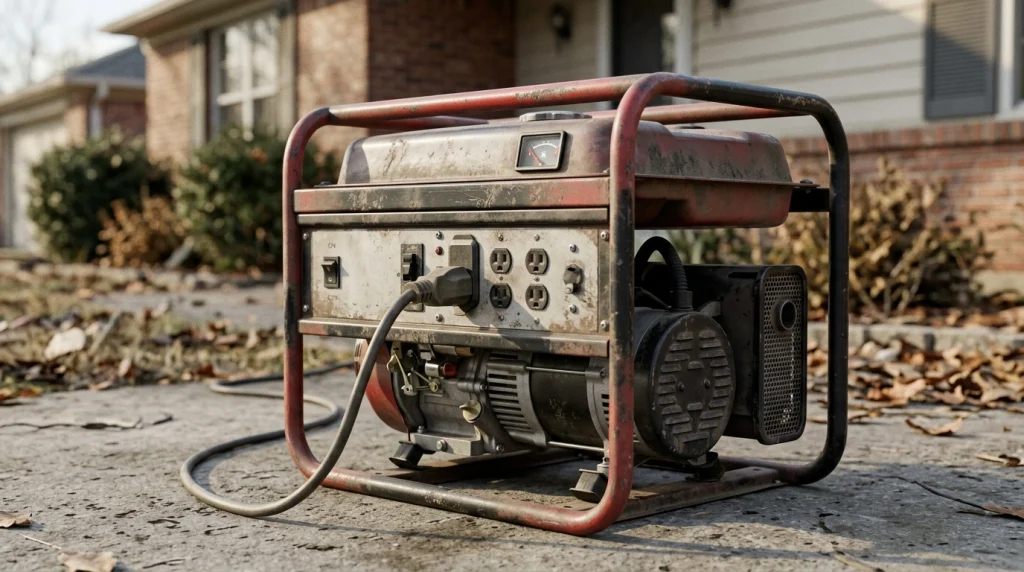 Close-up of a stopped gasoline generator with an almost empty fuel tank after fuel starvation