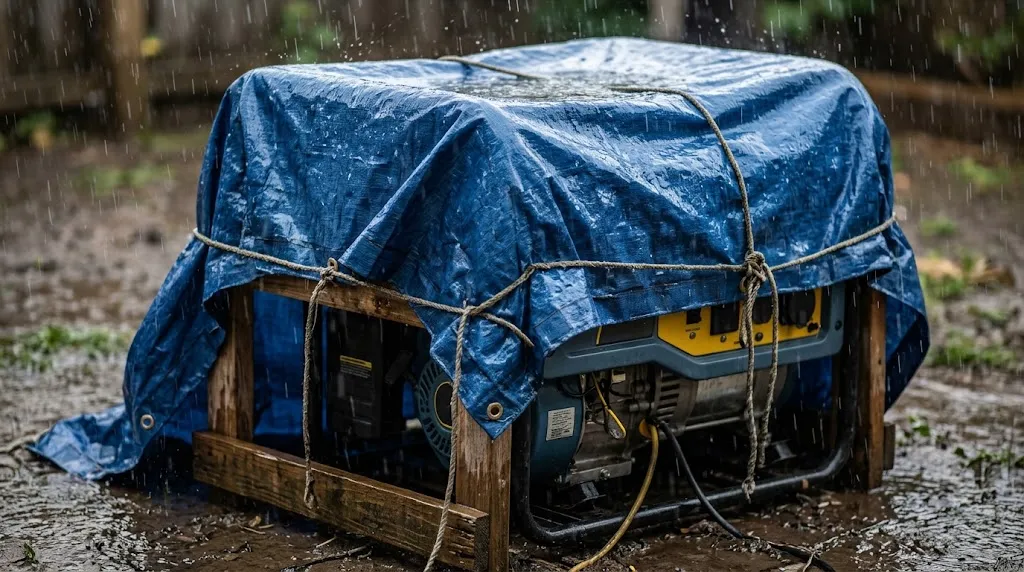Improvised blue poly tarp shelter protecting a generator from heavy rain.
