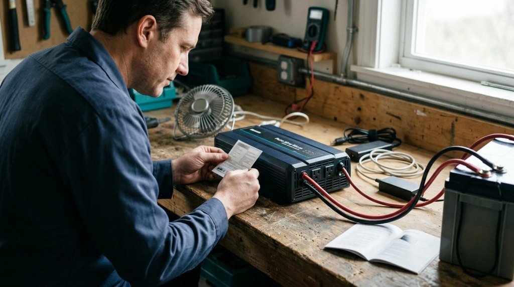 Homeowner checking battery inverter specifications before connecting household electrical equipment.