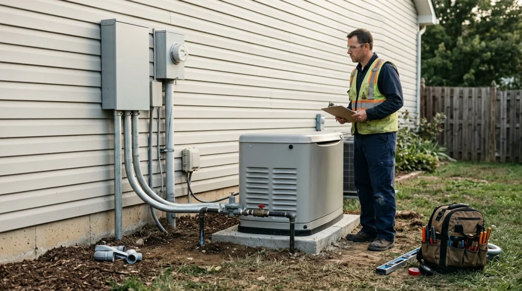 Contractor inspecting standby generator installation, electrical conduit, fuel connection, and concrete pad.