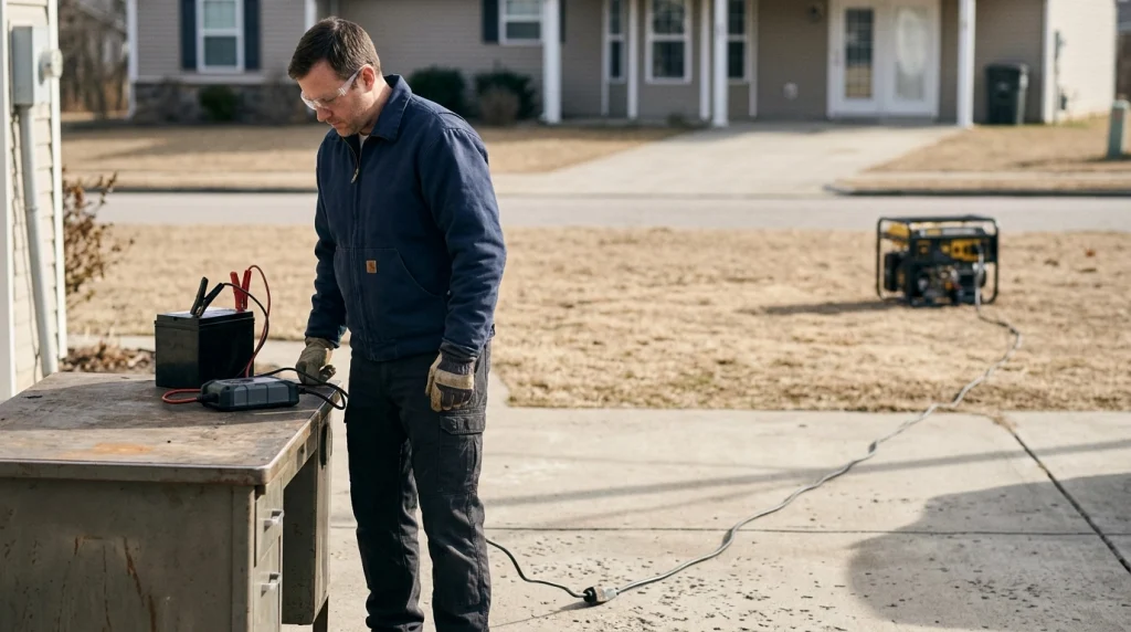 Homeowner wearing safety glasses inspects a 12V battery charger powered by an outdoor generator