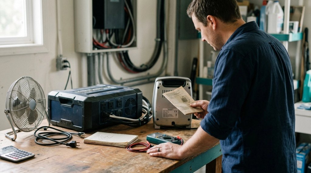 Homeowner inspecting inverter specifications, appliance ratings, cables, and battery equipment before connection.