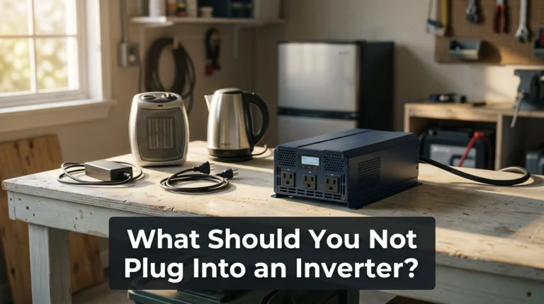 Battery inverter beside appliances that require wattage, surge power, and waveform compatibility checks.