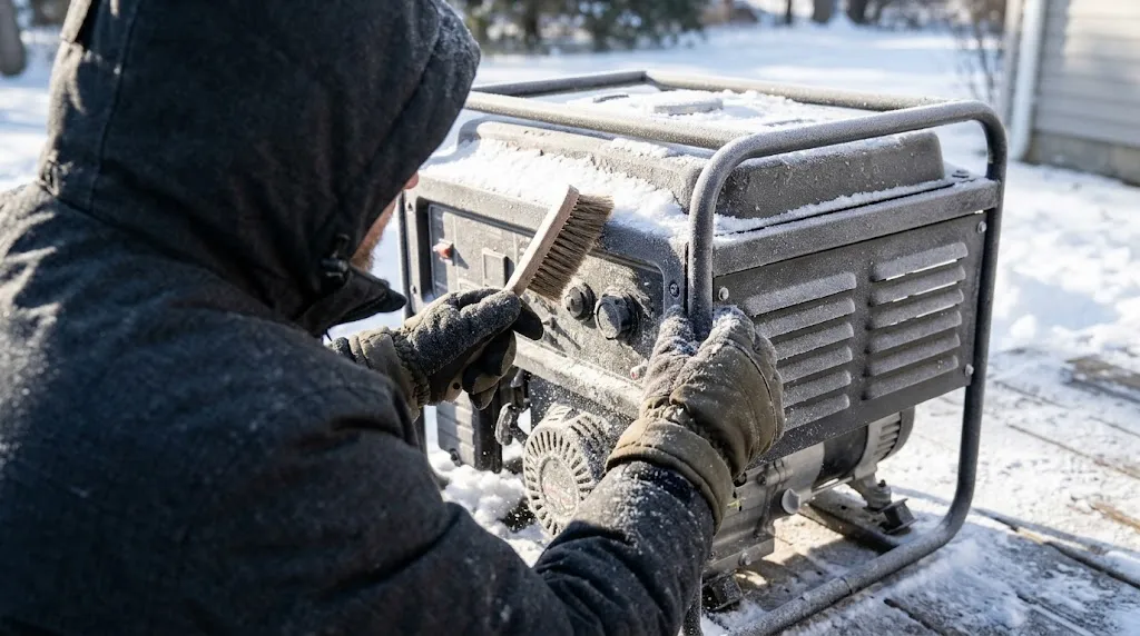 Person inspecting generator control panel and clearing ice after a major winter storm.
