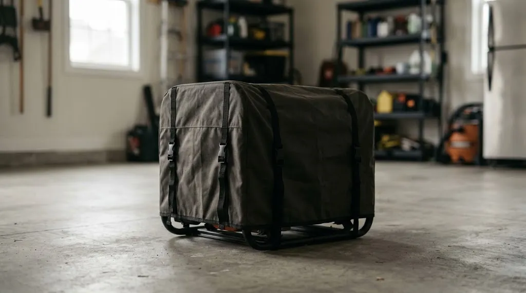 A portable generator protected by a fitted weather-resistant cover inside a garage.