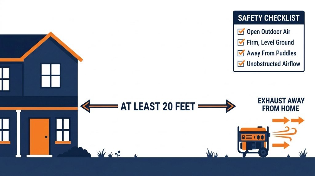 Generator placement diagram showing 20-foot house separation, outward exhaust, and open-air positioning.