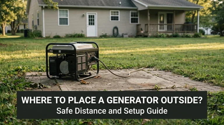 Portable generator safely positioned outdoors away from a house with exhaust facing open space