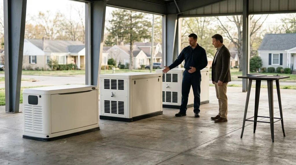 Homeowner compares three residential standby generator sizes with an installation specialist.