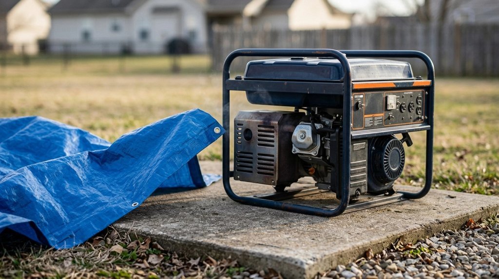 Loose blue tarp approaching a running generator's exhaust and ventilation area outdoors.