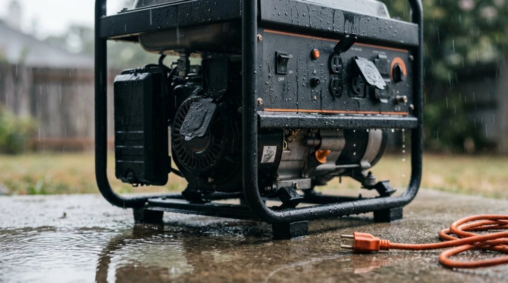 Rain droplets covering a portable generator outlet panel with wet concrete and standing water nearby.