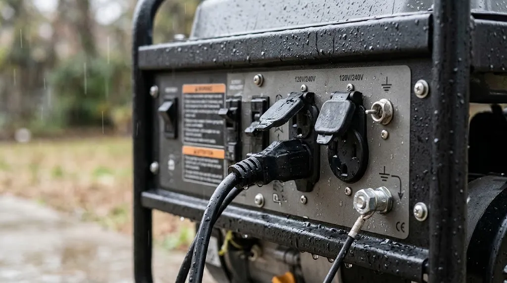 Close-up of generator control panel and outlets exposed to moisture during rain.