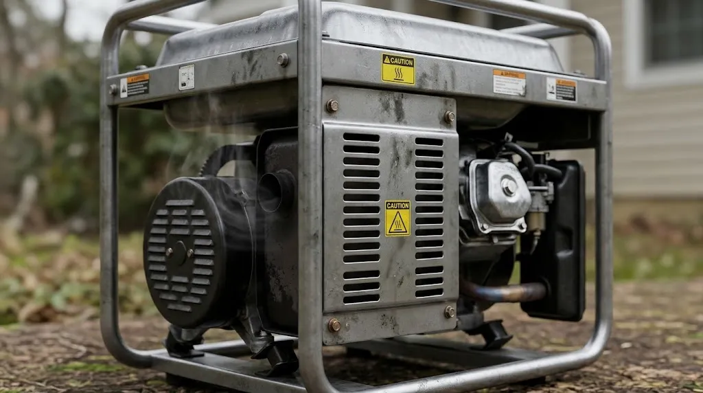 Close-up of a portable generator running outdoors highlighting thermal containment risks.